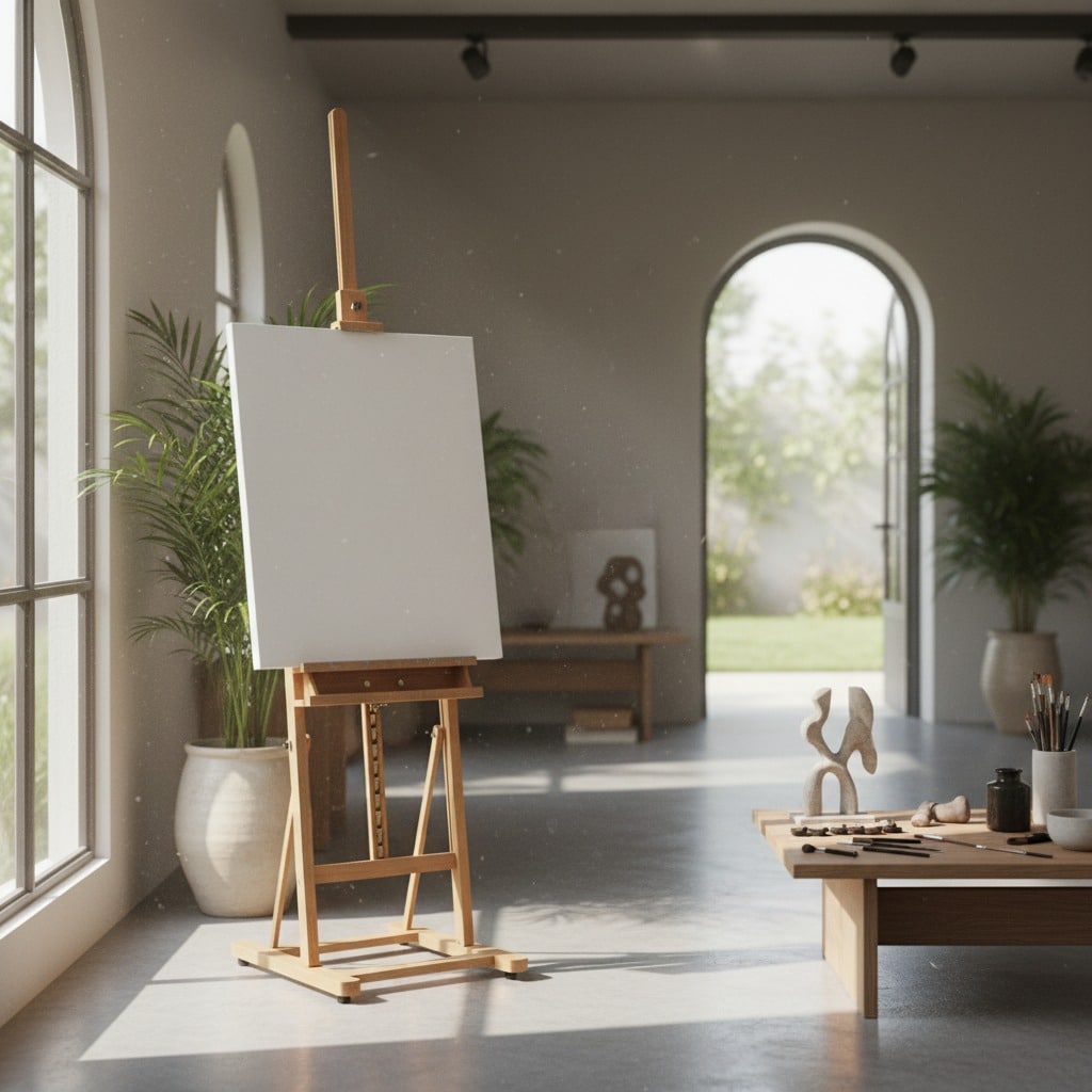 Un caballete de madera con un lienzo en blanco se encuentra en un estudio de arte luminoso con plantas y una mesa con pinceles.